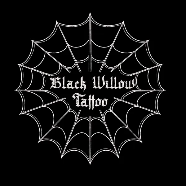 A black and white spider web with the words Black Willow Tattoo in the center.